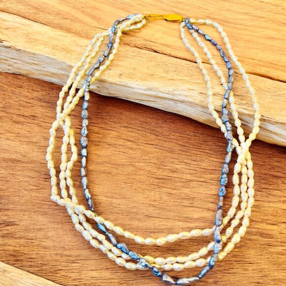 Vintage Fresh Water Pearl Necklace 3 Strands White & Blue Sterling Silver Clasp - Picture 8 of 10